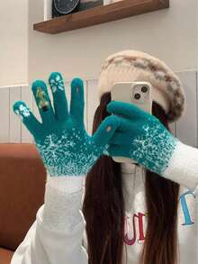 Women's Gloves With Winter Exposed Fingers, Thick And Warm, Cute Student's Anti Cold Yarn, Touch Screen Christmas Tree Gloves