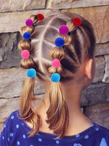 16pcs Autumn & Winter Khaki Color Pompom Decor Elastic Hair Ties For Kids Girls, Cute Soft High Stretch Ponytail Holders, Baby Hair Accessories Love Valentine