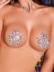 Iridescent Rhinestone Nipple Covers For Women - Sparkling Sequin Pasties With Chafing Gel, Firework Ornate Design For Rave, Festival, Body Jewelry - White - View 6