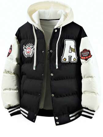 男士前拉链长袖字母印花连帽棉服外套，休闲日常穿着，秋冬