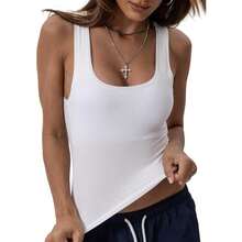 Women Rib Tank Top Padded Workout Top Square Neck Crop Tank Fitted Basic Cami Tops - 天使白固體 - 查看 6