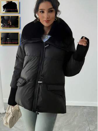 Women's Winter Coat, Faux Removable Fur Collar, Warm & Comfortable, Retro Horn Button, Ribbed Wind-Resistant Cuffs, Fashionable Commuter Padded Coat For Autumn/Winter