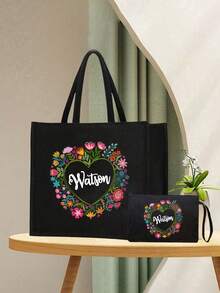 两件套，可定制姓名，彩色花环图案手提包和化妆包套装，女士亚麻大容量手提包，购物袋，便携休闲收纳手提包，适合日常出行、海滩度假，大容量购物袋，是上学、生日、大学、工作、商务、通勤、户外、旅行、节日、圣诞礼物的理想之选。 - 黑色 - 查看 7