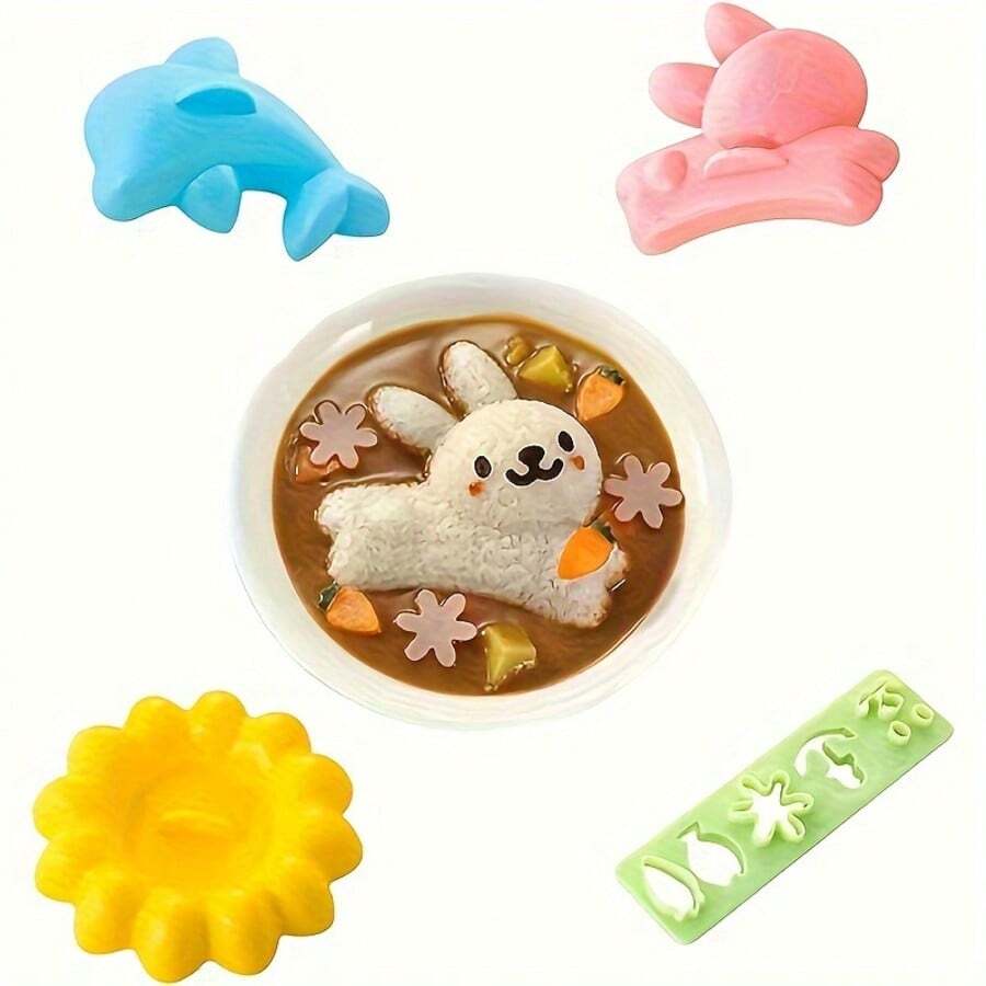 4 pièces Moule à riz en forme de dauphin, lapin, soleil. Accessoires de bento pour faire des sushis. Coupe-algues nori. Outils de cuisine DIY pour repas familiaux. Convient pour la préparation de boîtes à bento