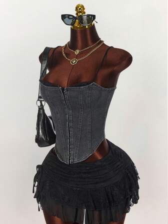 Amplova Women's Y2K Sexy Lace Trim Fitted Camisole Denim Top Corset To Corset Rave Top Rave Festival,Graduation,Teacher For Women,Back To School, Night Out