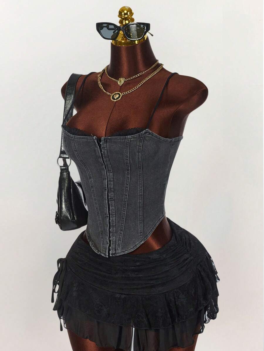Amplova Women's Y2K Sexy Lace Trim Fitted Camisole Denim Top Corset To Corset Rave Top Rave Festival,Graduation,Teacher For Women,Back To School, Night Out - Dark Grey - View 1