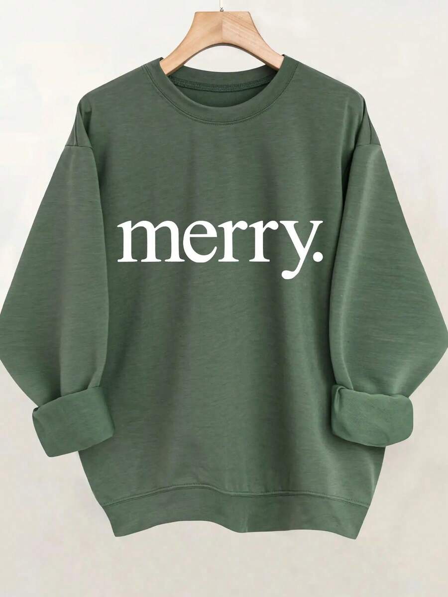 Winter Clothes For Women Winter Clothes For Women Winter Clothes For Women Women's Olive Green Christmas "Merry" Soft, Comfortable, Thin Round Print Sweatshirt - Casual Long Sleeve Round Neck Pullover, Medium Elastic Machine Washable All-Season Holiday Apparel, Christmas Sweatshirts, Festive Pullover, Festive Design, Nontransparent Fabric, Seasonal Clothing, Comfortable Material, Printed Sweater, Seasonal Giftmen Clothes - 綠色 - 查看 1