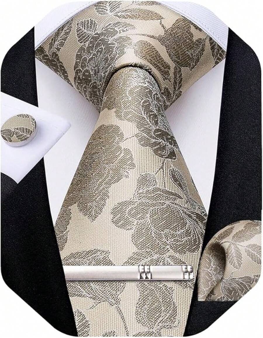 Conjunto de corbata de seda con estampado floral, incluye pinza de corbata, pañuelo y gemelos - Champán - Ver 1