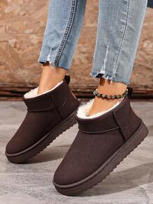 Modne buty damskie w jednolitym kolorze z grubą podeszwą, trampki na platformie, buty do chodzenia na świeżym powietrzu, uniwersalne buty materiałowe, ciepłe krótkie buty z podszewką, futrzane buty, minimalistyczne, duże, brązowe śniegowce w kolorze kawy, wsuwane buty na święta, futrzane buty