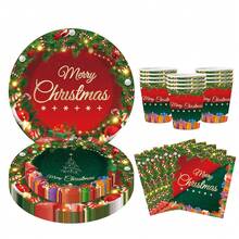16pcs Christmas Paper Tray Disposable Tableware Set, Including Paper Tray, Dessert Tray, Napkin, Paper Cup, Christmas Tree Bell Tableware Tray Merry Christmas Printed Dessert Tray Suitable For Christmas Table Items - Multicolor - View 9