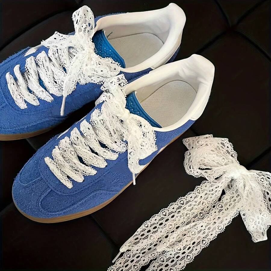 1 Pair Of Women's White Lace Bow - Hollow V-Shaped Printed Korean-Style Decorative Shoelaces, 47.24inch Lightweight Accessories Suitable For Sneakers, Flats, And Wedding Shoes - 白色 - 查看 1