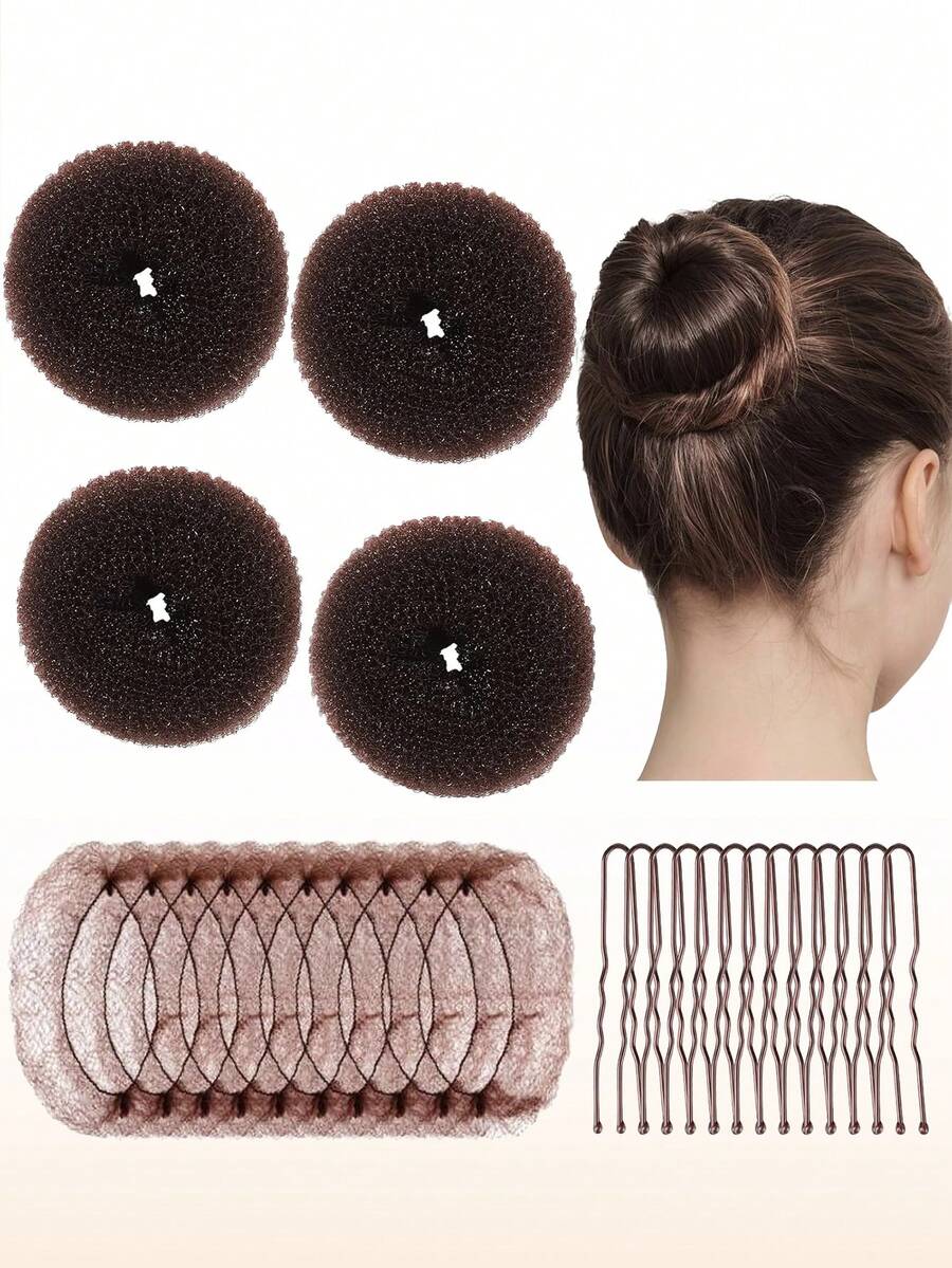 24件套青少年芭蕾舞发髻制作套装，4件套迷你芭蕾舞发髻制作器，10个30厘米发髻网，10个U型发夹 - 彩色 - 查看 1