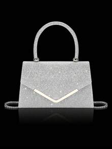 时尚闪亮的女士手提包晚宴包，优雅的派对金属翻盖手拿包单肩包，搭配闪闪发光的水钻首饰三件套，闪亮的水钻项链、耳环、手链，适合派对、舞会、聚会、晚宴 - 銀色 - 查看 3