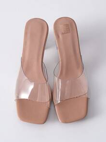 女士高跟凉鞋春夏新款，透明水晶粗跟，小巧透明拖鞋，户外性感简约风女鞋，情人节圣诞节冬季圣诞礼物 - 杏色 - 查看 2