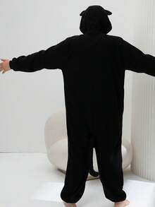 Adult Men's Cat Cartoon One-Piece Pajamas Autumn And Winter Thickened Animal One-Piece Pajamas Hooded Warm Home Clothes Halloween Costume Christmas Role Play Party Costume - 黑色 - 查看 2