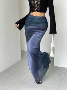 Saia Plissada Elegante Casual com Cintura Elástica e Estampa Degradê, Adequada para Noite, Férias, Jardim, Viagens Diárias, Todas as Estações