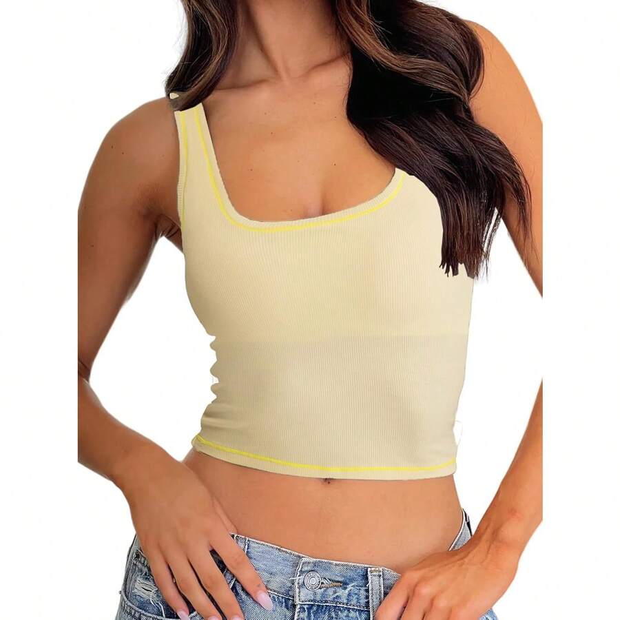 Camiseta de tirantes acanalada para mujer con acolchado, top de entrenamiento de cuello cuadrado, top corto ajustado, camiseta básica de tirantes - Sorbete de pera - Ver 1