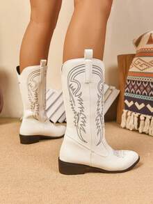 Women's Elegant Fashion Slip-On Western Boots, White Embroidered High Heel Western Boots, Stylish Embroidered Cowboy Boots, Slip-On Mid-Calf Flat Boots For Autumn/Winter - White - View 3