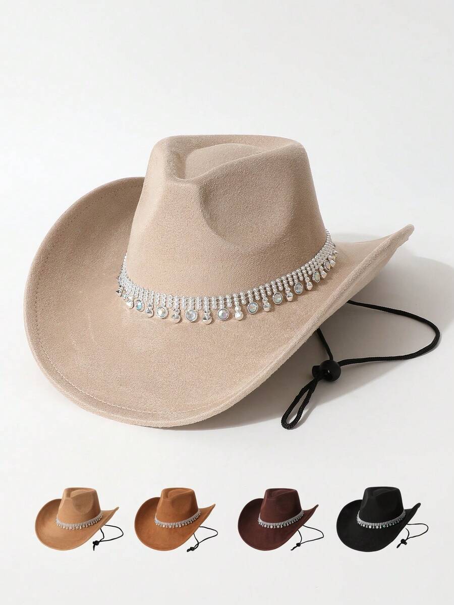 1pc Women's High Quality Windproof Rhinestone Hatband Decor Wide Brim Hat, Western Cowgirl Style, Fashionable Minimalist Fedora, Suitable For Daily Wear, Parties, Western Themed Events, Gatherings, Cosplay, Graduation Ceremonies, Masquerade Balls, Holidays, Birthday Celebrations, Concerts - Top Hat - View 1