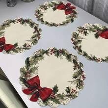 4 piezas Manteles individuales redondos con diseño de corona floral vintage con notas musicales y lazo rojo, antideslizantes, de poliéster, adecuados para Navidad, fiestas, banquetes y decoración de cocina