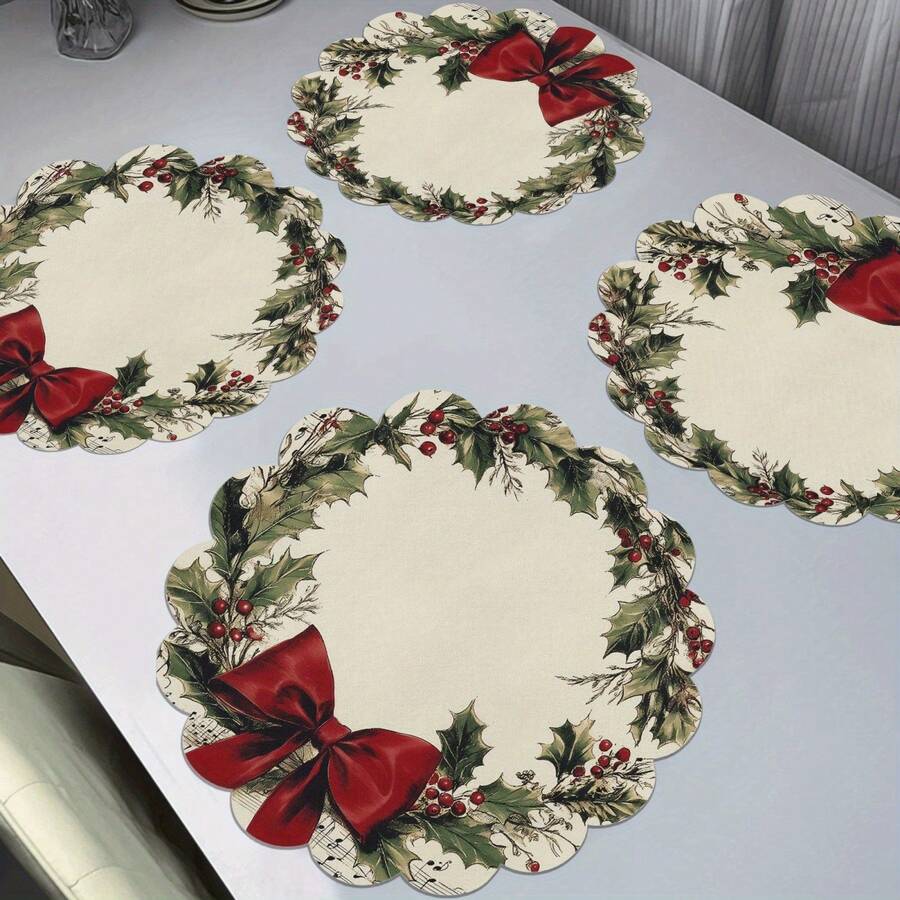 4 piezas Manteles individuales redondos con diseño de corona floral vintage con notas musicales y lazo rojo, antideslizantes, de poliéster, adecuados para Navidad, fiestas, banquetes y decoración de cocina