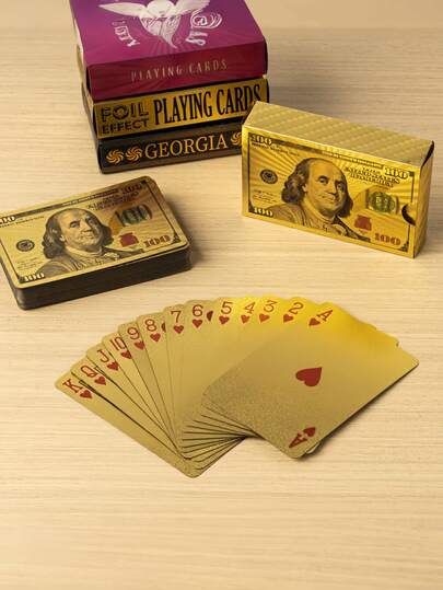 1pc Gold Banknote Plastic Playing Cards, Creative Gold Foil Poker, Waterproof Texas Poker, Luxury German Black Core Paper Cards, Gold Foil Banknote Waterproof Practical Tabletop Poker, Entertainment Board Game Cards, Suitable For Friends, Classmates Gathering, Fashionable Entertainment Game For Christmas, Halloween, Carnival, Essential For Drinking Party, Tabletop Card Game, Adult Party Card Game, Family Gathering Card Game, Suitable For Couples And Friends, Adding Color To Life.