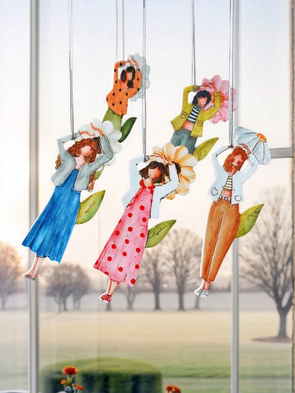 5pcs Colorful Flower Girl Shaped Decor Set, Acrylic Material Festive Atmosphere Hanging Ornaments, Suitable For Holiday Party Scenes, Home Decor, Garden, Yard, Wall Decoration