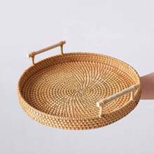 1 giỏ đựng trái cây/giỏ đựng bánh mì đan thủ công có quai xách, khay phẳng, giỏ đựng trái cây đan thủ công, giỏ đựng bánh mì kiểu Nhật, giỏ hấp, giỏ đựng đồ phòng khách, khay trưng bày - Màu gỗ - Xem 2