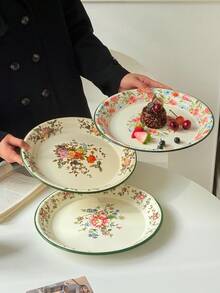 1pc Enamel Flower Pattern Plate, High-Quality Ins Style Breakfast/Dessert/Fruit Plate, Floral Design Enamel Dish For Home Use