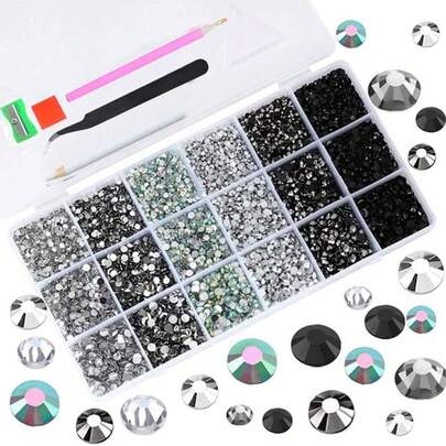 15格树脂彩色钻石装饰盒，混合3毫米、4毫米、5毫米尺寸彩色圆形钻石，DIY手机壳配件