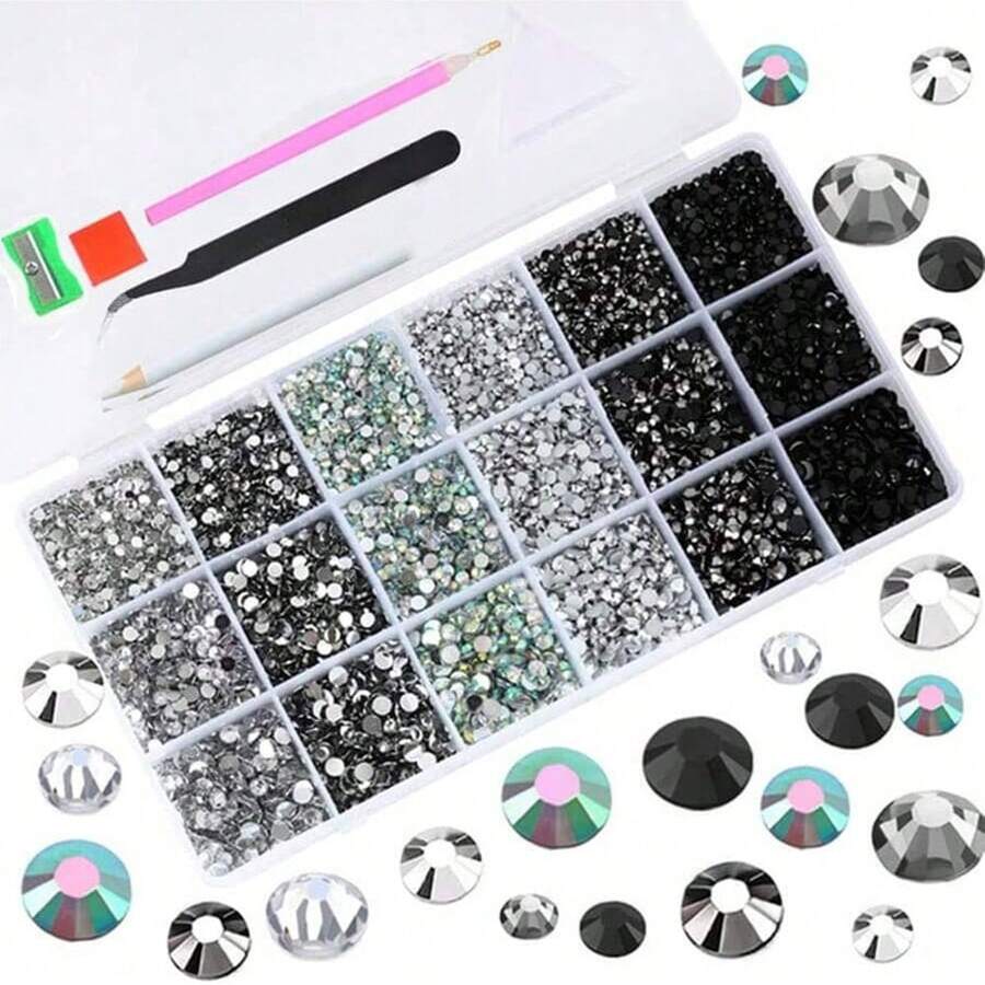15格树脂彩色钻石装饰盒，混合3毫米、4毫米、5毫米尺寸彩色圆形钻石，DIY手机壳配件 - 黑灰色系 - 查看 1