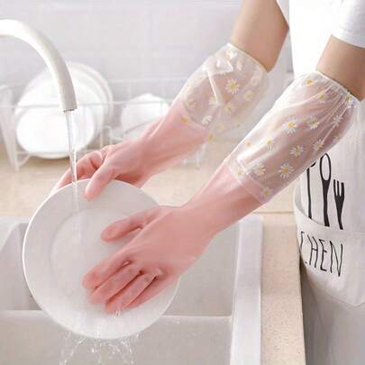 2pcs Jelly-Colored Dishwashing Gloves Household Cleaning Non-Slip Thickening Gloves Rubber Kitchen Dishwashing Thickening Protection Durable