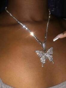 Fashionable Luxury Exquisite Gorgeous Niche Ins Influencer Super Shiny Butterfly Pendant Necklace - Silver - View 6