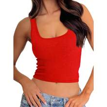 Women Rib Tank Top Padded Workout Top Square Neck Crop Tank Fitted Basic Cami Tops - Hot Red - View 1