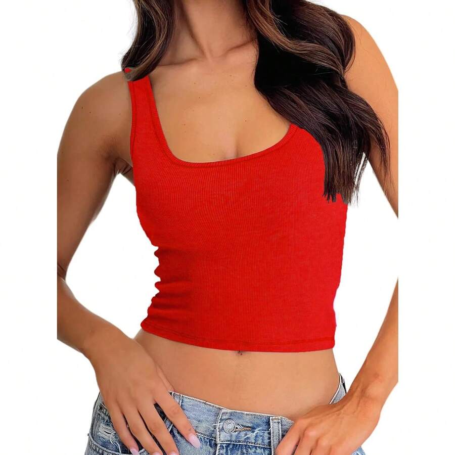 Women Rib Tank Top Padded Workout Top Square Neck Crop Tank Fitted Basic Cami Tops - Hot Red - View 1
