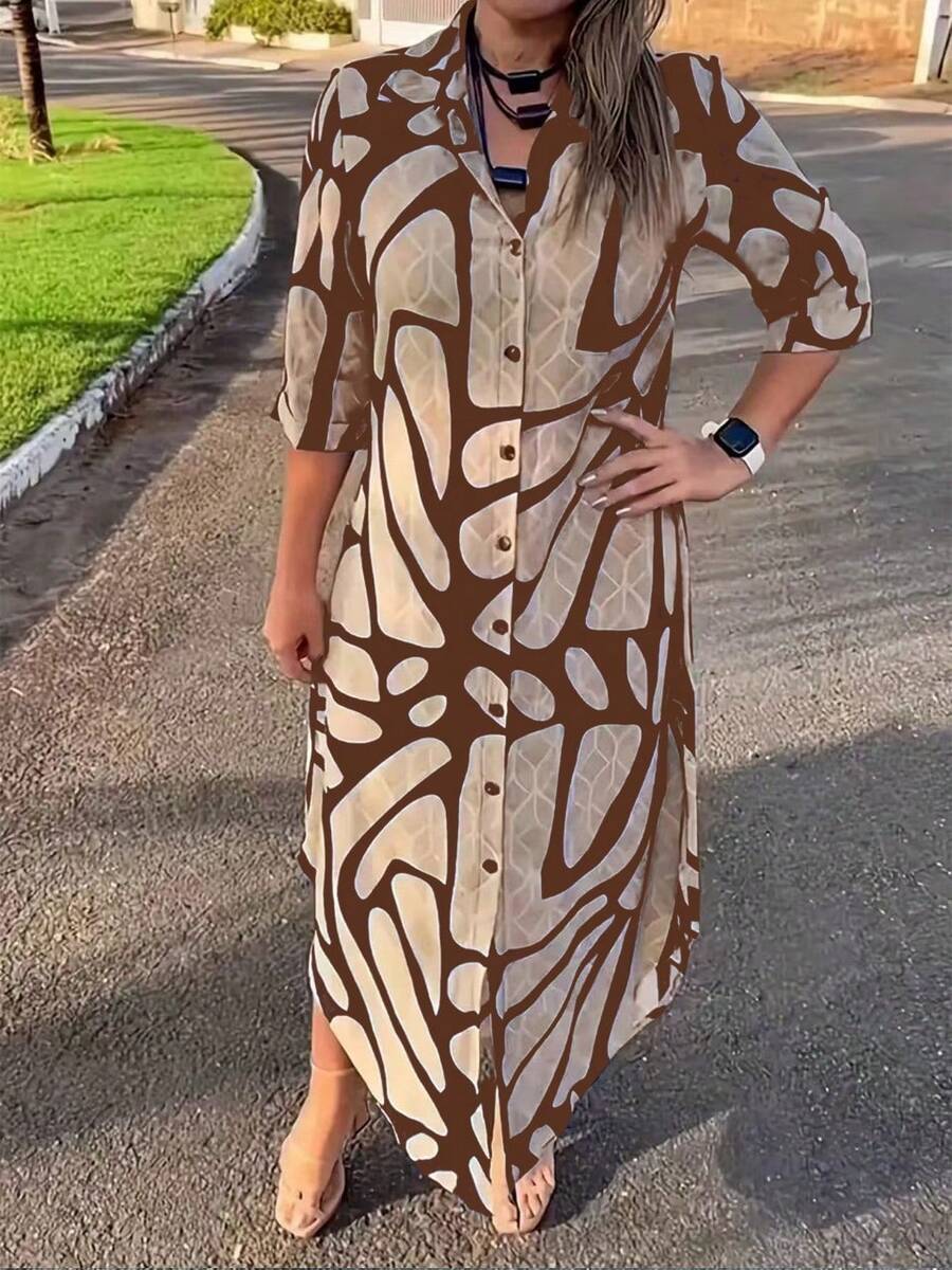 Women's Casual Three Quarter Length Sleeve Shirt, Street & Outdoor Wear - Brown - View 1