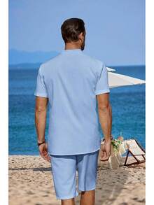 Men's 2 Pieces Linen Set Casual Henley Short Sleeve Shirts Beach Yoga Shorts Summer Outfits - Màu xanh lam - Xem 3