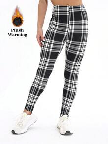 1 Pack Women's Plaid Thermal Lined Leggings, Black & White, Elastic Skinny Pants, European & American Fashion, Casual & Elegant, Slimming, Warm & Comfortable For Home, Yoga, Fitness, Outdoor, Casual Wear, Gifts