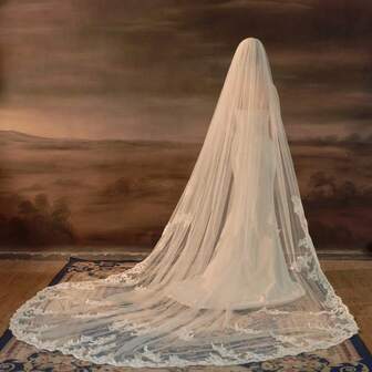 1pc 3 Meters Super Long Lace Trim Cathedral Bridal Veil With Comb, Wedding Accessories Fall Clothes For Women