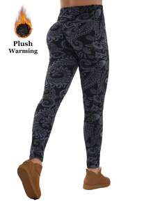 1 Pack Women's Thermal Lined Floral Print Leggings, Black Base, Stretchy Skinny Pants, Elegant & Casual, Suitable For Home, Workout, Yoga, Fitness, Outdoor Activities, Soft & Comfortable, Autumn/Winter