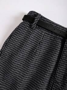 EARO French Retro Women Casual Minimalist Comfortable Daily Versatile Cinched Waist Houndstooth Pleated Front Slit High Waist Elastic Waist Slim Sexy Elegant Loose OL Professional Bodycon Skirt, Spring/Autumn - Dark Grey - View 4