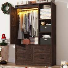 Farmhouse 3/4 Doors Armoire Wardrobe Closet W/Folding Sliding Barn Door And Lights, LED Armoire Closet W/Drawers For Bedroom, Freestanding Wooden Wardrobe Storage Closets W/Hanging Rod - 棕色 - 查看 2