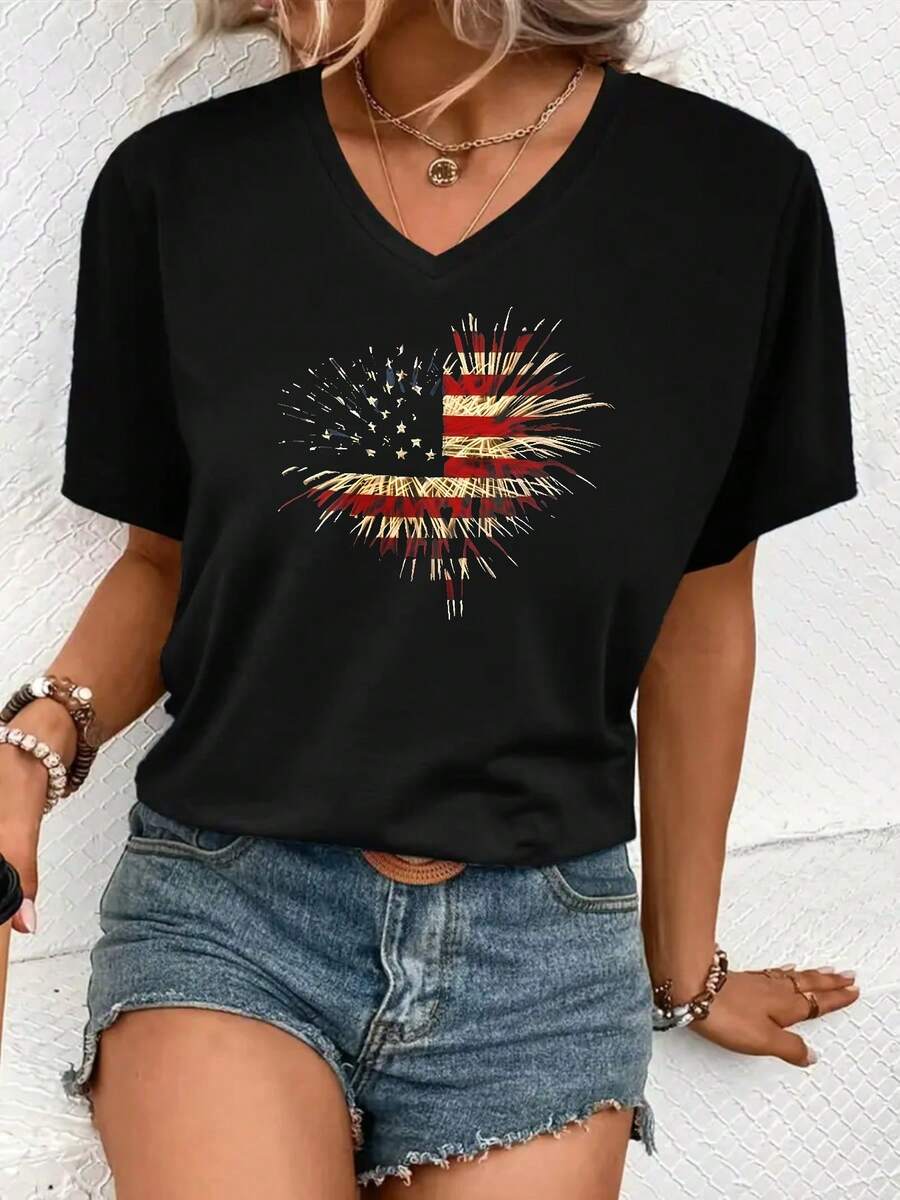 Daily V-Neck T-Shirt With Standard Size American Flag Burst Design Suitable For Daily Life, Going Out, Leisure, And The Best Choice To Give To Friends And Family, - 黑色 - 查看 1