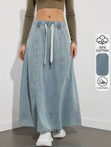 US Design Style, Elastic Waist Light Blue Denim A-Line Skirt, Women Casual Loose Skirt, Fashionable Spring/Summer - Light Wash - View 7