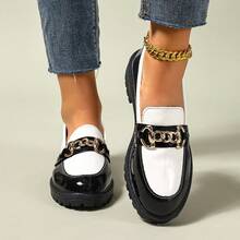 Women's Chain Decor Platform Slip-On Loafers, Casual Pointed Toe Colorblock Flats For Spring Autumn, Elegant Everyday Wear - Black and White Chain - View 14