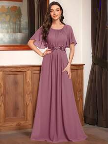 优雅刺绣荷叶袖褶皱雪纺浅粉色伴娘礼服，正式场合礼服，婚礼宾客服装 - 藕粉色 - 查看 8