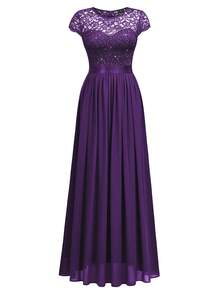 MIUSOL Elegant Women's Sequin Floral Lace Contrast Chiffon Maxi Dress With Pleated Hem,  Perfect For Evening Party, Wedding Guest, Anniversary Balls - 紫色 - 查看 7