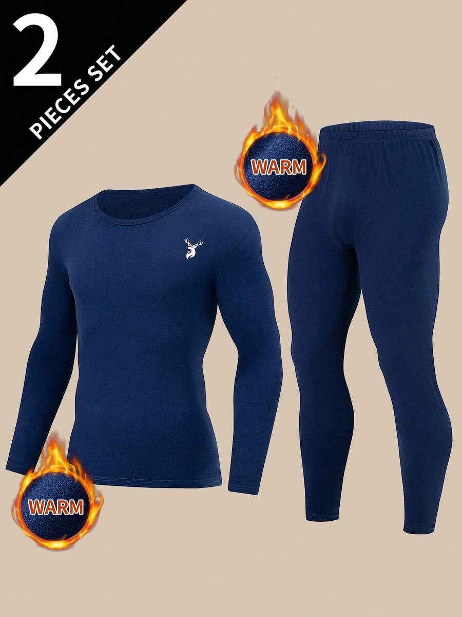2pcs Men's Long Sleeve T-Shirt + Pants Set, Warm Casual Base Layer Thermal Top And Bottom For Autumn/Winter