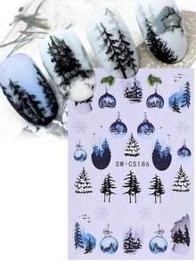 2PCS Winter Nail Art Sticker 3D Snowy Scenery Tree Snowflakes DIY Crystal Pendant Decals Landscape Self Adhesive Nail Art Design Decoration DIY Manicure Nail Supplies For Fall Winter Holiday Nails