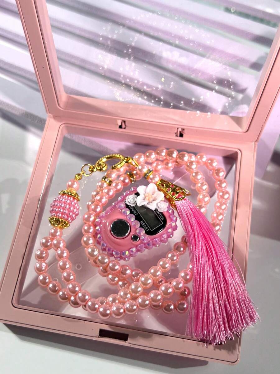 Elegant Floating Box Beaded Set: Flower Rhinestone Ring Counter + Prayer Bead Bracelet, Tasbih Counter Bracelet, Step Counter, Suitable For Holiday Gatherings As Gifts - Multicolor - View 1